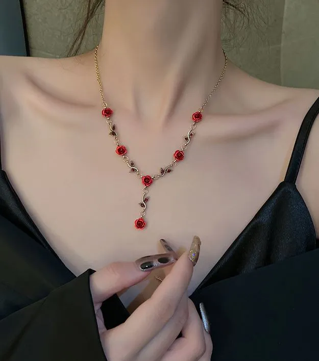Necklaces N268 Gold Red Rose Necklace with FREE Earrings polly