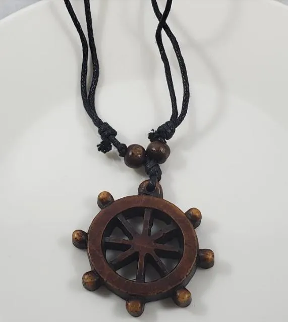 Necklaces POLLY N1840 Brown Ship Wheel on Leather Cord Necklace