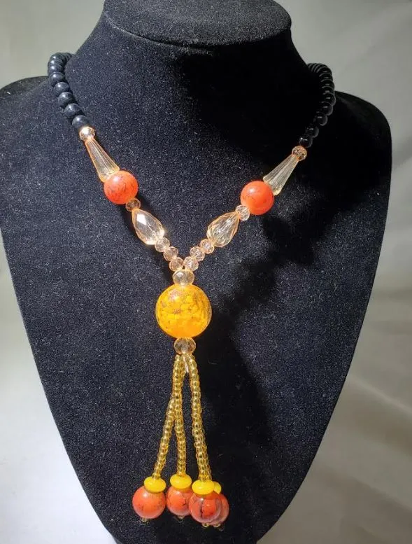 Necklaces polly N264 Black Bead Orange Marble Glass Long Necklace With Free Earrings Necklaces polly N264 Black Bead Orange Marble Glass Long Necklace With Free Earrings