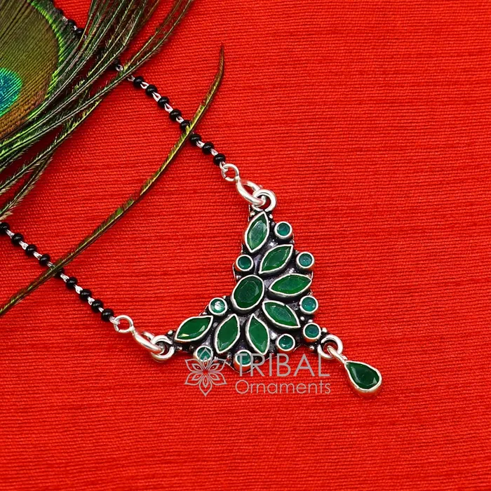 Necklaces TRIBAL ORNAMENTS 925 sterling silver black beads chain mangal sutra necklace for daily use brides Mangalsutra chunky necklace green stone pendant ms54 Necklaces TRIBAL ORNAMENTS 925 sterling silver black beads chain mangal sutra necklace for daily use brides Mangalsutra chunky necklace green stone pendant ms54