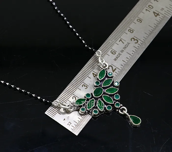 Necklaces TRIBAL ORNAMENTS 925 sterling silver black beads chain mangal sutra necklace for daily use brides Mangalsutra chunky necklace green stone pendant ms54 Necklaces TRIBAL ORNAMENTS 925 sterling silver black beads chain mangal sutra necklace for daily use brides Mangalsutra chunky necklace green stone pendant ms54