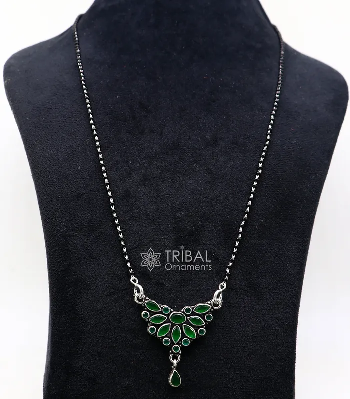 Necklaces TRIBAL ORNAMENTS 925 sterling silver black beads chain mangal sutra necklace for daily use brides Mangalsutra chunky necklace green stone pendant ms54 Necklaces TRIBAL ORNAMENTS 925 sterling silver black beads chain mangal sutra necklace for daily use brides Mangalsutra chunky necklace green stone pendant ms54