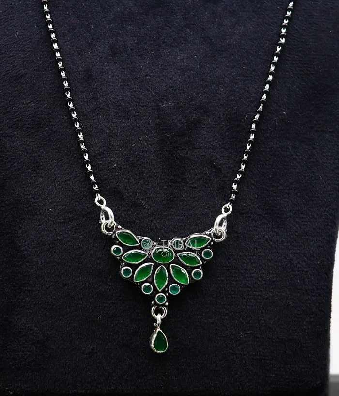 Necklaces TRIBAL ORNAMENTS 925 sterling silver black beads chain mangal sutra necklace for daily use brides Mangalsutra chunky necklace green stone pendant ms54 Necklaces TRIBAL ORNAMENTS 925 sterling silver black beads chain mangal sutra necklace for daily use brides Mangalsutra chunky necklace green stone pendant ms54
