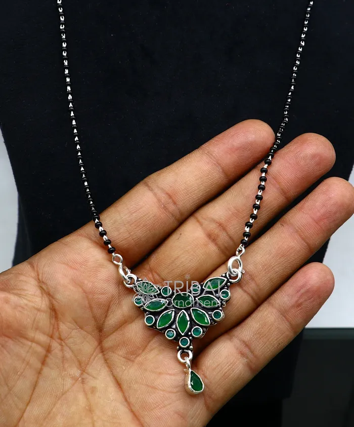 Necklaces TRIBAL ORNAMENTS 925 sterling silver black beads chain mangal sutra necklace for daily use brides Mangalsutra chunky necklace green stone pendant ms54 Necklaces TRIBAL ORNAMENTS 925 sterling silver black beads chain mangal sutra necklace for daily use brides Mangalsutra chunky necklace green stone pendant ms54