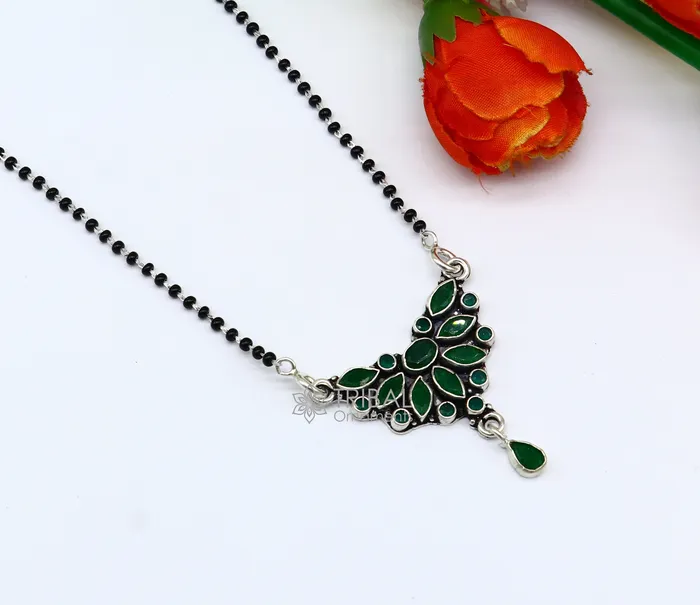 Necklaces TRIBAL ORNAMENTS 925 sterling silver black beads chain mangal sutra necklace for daily use brides Mangalsutra chunky necklace green stone pendant ms54 Necklaces TRIBAL ORNAMENTS 925 sterling silver black beads chain mangal sutra necklace for daily use brides Mangalsutra chunky necklace green stone pendant ms54