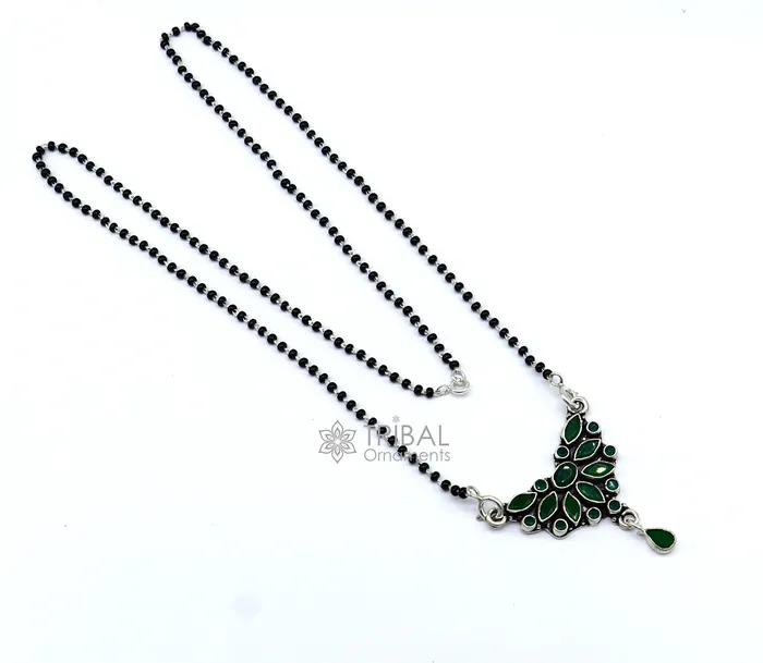Necklaces TRIBAL ORNAMENTS 925 sterling silver black beads chain mangal sutra necklace for daily use brides Mangalsutra chunky necklace green stone pendant ms54 Necklaces TRIBAL ORNAMENTS 925 sterling silver black beads chain mangal sutra necklace for daily use brides Mangalsutra chunky necklace green stone pendant ms54