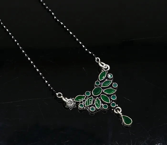 Necklaces TRIBAL ORNAMENTS 925 sterling silver black beads chain mangal sutra necklace for daily use brides Mangalsutra chunky necklace green stone pendant ms54 Necklaces TRIBAL ORNAMENTS 925 sterling silver black beads chain mangal sutra necklace for daily use brides Mangalsutra chunky necklace green stone pendant ms54