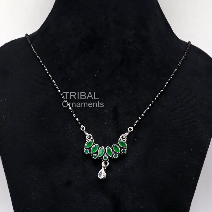 Necklaces TRIBAL ORNAMENTS 925 sterling silver black beads mangal sutra chain necklace for daily use brides Mangalsutra chunky necklace green cut stone pendant ms26 Necklaces TRIBAL ORNAMENTS 925 sterling silver black beads mangal sutra chain necklace for daily use brides Mangalsutra chunky necklace green cut stone pendant ms26