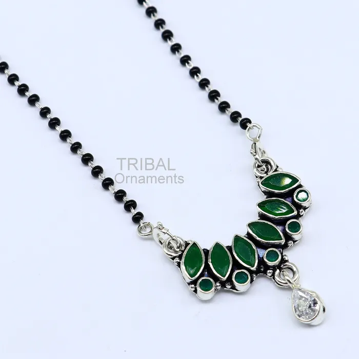 Necklaces TRIBAL ORNAMENTS 925 sterling silver black beads mangal sutra chain necklace for daily use brides Mangalsutra chunky necklace green cut stone pendant ms26 Necklaces TRIBAL ORNAMENTS 925 sterling silver black beads mangal sutra chain necklace for daily use brides Mangalsutra chunky necklace green cut stone pendant ms26