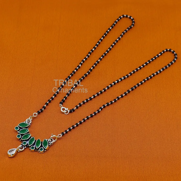 Necklaces TRIBAL ORNAMENTS 925 sterling silver black beads mangal sutra chain necklace for daily use brides Mangalsutra chunky necklace green cut stone pendant ms26 Necklaces TRIBAL ORNAMENTS 925 sterling silver black beads mangal sutra chain necklace for daily use brides Mangalsutra chunky necklace green cut stone pendant ms26