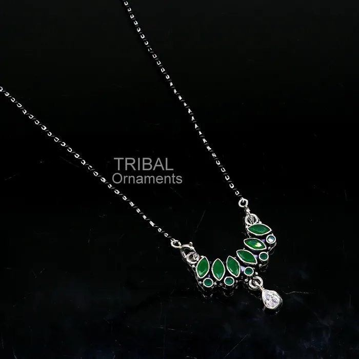Necklaces TRIBAL ORNAMENTS 925 sterling silver black beads mangal sutra chain necklace for daily use brides Mangalsutra chunky necklace green cut stone pendant ms26 Necklaces TRIBAL ORNAMENTS 925 sterling silver black beads mangal sutra chain necklace for daily use brides Mangalsutra chunky necklace green cut stone pendant ms26