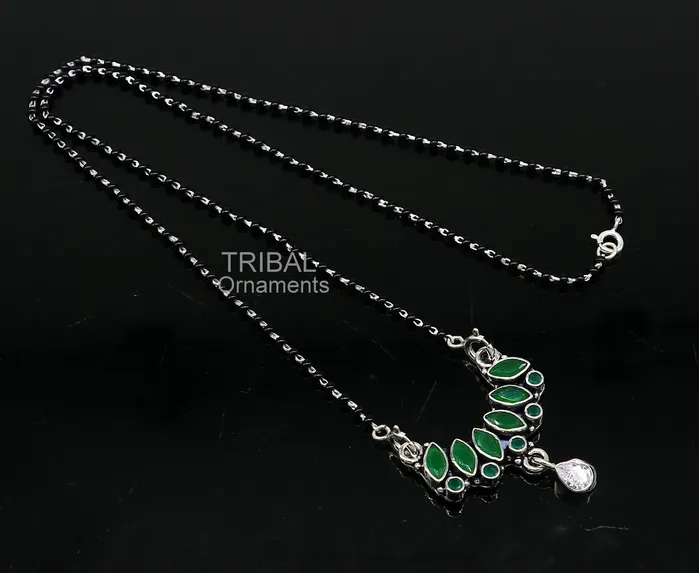 Necklaces TRIBAL ORNAMENTS 925 sterling silver black beads mangal sutra chain necklace for daily use brides Mangalsutra chunky necklace green cut stone pendant ms26 Necklaces TRIBAL ORNAMENTS 925 sterling silver black beads mangal sutra chain necklace for daily use brides Mangalsutra chunky necklace green cut stone pendant ms26
