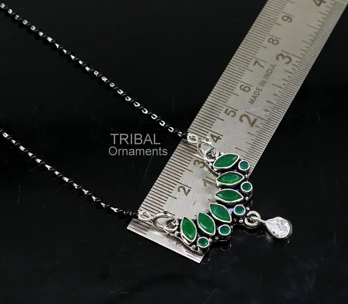 Necklaces TRIBAL ORNAMENTS 925 sterling silver black beads mangal sutra chain necklace for daily use brides Mangalsutra chunky necklace green cut stone pendant ms26 Necklaces TRIBAL ORNAMENTS 925 sterling silver black beads mangal sutra chain necklace for daily use brides Mangalsutra chunky necklace green cut stone pendant ms26
