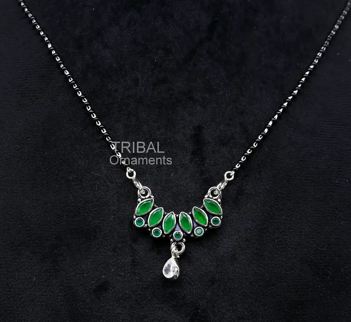 Necklaces TRIBAL ORNAMENTS 925 sterling silver black beads mangal sutra chain necklace for daily use brides Mangalsutra chunky necklace green cut stone pendant ms26 Necklaces TRIBAL ORNAMENTS 925 sterling silver black beads mangal sutra chain necklace for daily use brides Mangalsutra chunky necklace green cut stone pendant ms26