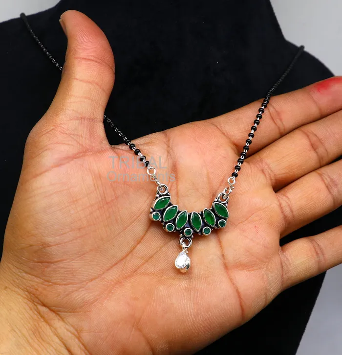 Necklaces TRIBAL ORNAMENTS 925 sterling silver black beads mangal sutra chain necklace for daily use brides Mangalsutra chunky necklace green cut stone pendant ms26 Necklaces TRIBAL ORNAMENTS 925 sterling silver black beads mangal sutra chain necklace for daily use brides Mangalsutra chunky necklace green cut stone pendant ms26