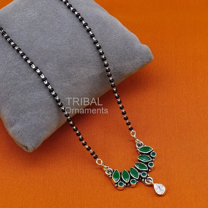 Necklaces TRIBAL ORNAMENTS 925 sterling silver black beads mangal sutra chain necklace for daily use brides Mangalsutra chunky necklace green cut stone pendant ms26 Necklaces TRIBAL ORNAMENTS 925 sterling silver black beads mangal sutra chain necklace for daily use brides Mangalsutra chunky necklace green cut stone pendant ms26