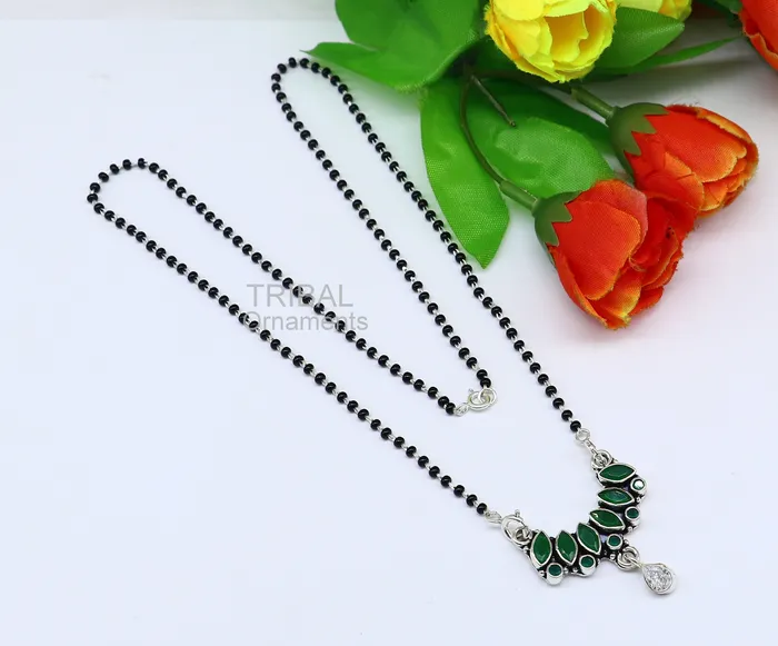 Necklaces TRIBAL ORNAMENTS 925 sterling silver black beads mangal sutra chain necklace for daily use brides Mangalsutra chunky necklace green cut stone pendant ms26 Necklaces TRIBAL ORNAMENTS 925 sterling silver black beads mangal sutra chain necklace for daily use brides Mangalsutra chunky necklace green cut stone pendant ms26