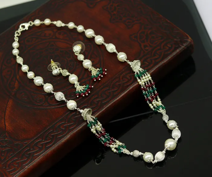 Necklaces TRIBAL ORNAMENTS 925 Sterling silver necklace beaded necklace light weight jewelry charm necklaces best gift to her handcrafted beaded jewelry set131