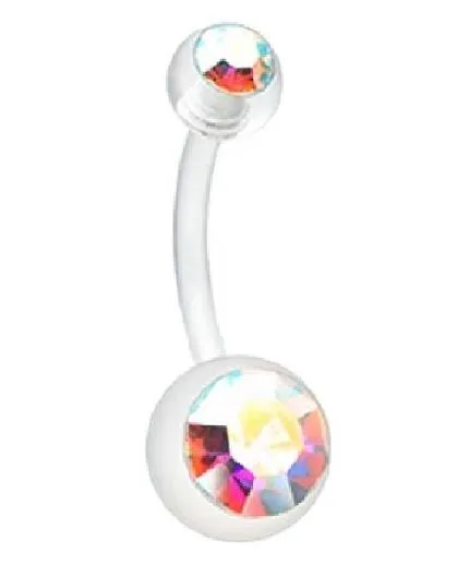 P26 Silver Double Ball Iridescent Gemstone Belly Button Ring 02 Rings