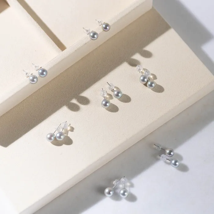 Pearly Lustre Earrings 18K Gold Akoya Silver Blue Pearl Stud Earrings KE00022
