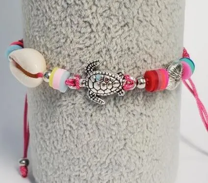 polly Bracelets B913 Hot Pink Cord Sea Turtle Bead Bracelet