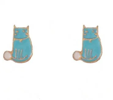 polly Earrings L190 Gold Blue Kitty Cat Earrings