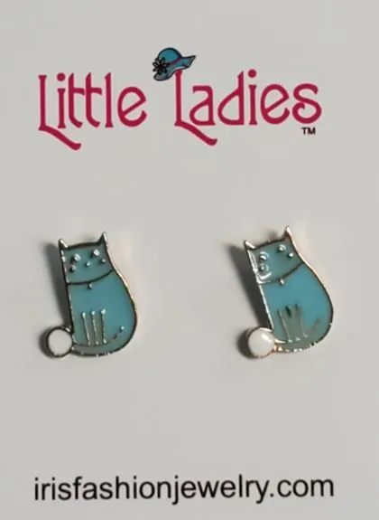 polly Earrings L190 Gold Blue Kitty Cat Earrings