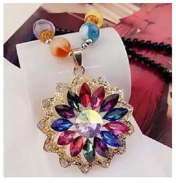 polly N1193 Black Multi Color Bead Colorful Rhinestone Flower Necklace with FREE Earrings Necklaces