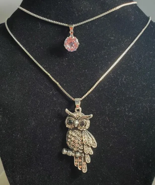 polly N1289 Silver Rhinestone Owl Necklace with FREE Earrings Necklaces