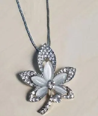 polly Necklaces AZ83 Silver Moonstone Rhinestone Maple Leaf Necklace with FREE Earrings