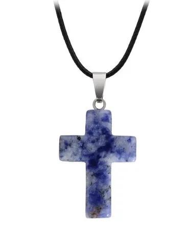 POLLY Necklaces N106 Blue Beige Cross Natural Quartz Stone on Leather Cord Necklace with FREE Earrings