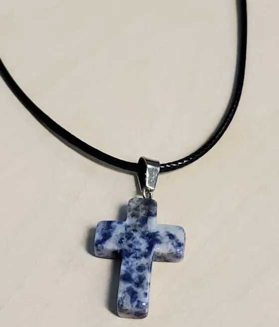 POLLY Necklaces N106 Blue Beige Cross Natural Quartz Stone on Leather Cord Necklace with FREE Earrings