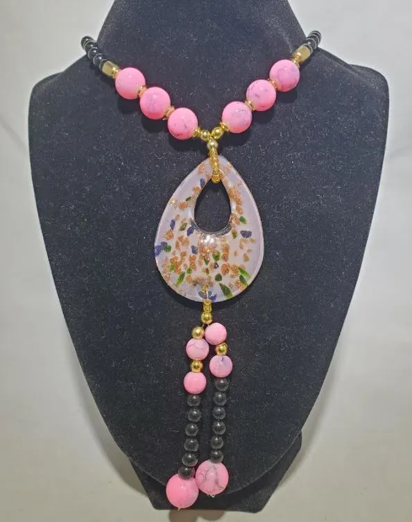 polly Necklaces N142 Black Bead Light Pink Decorated Teardrop Glass Long Necklace With Free Earrings polly Necklaces N142 Black Bead Light Pink Decorated Teardrop Glass Long Necklace With Free Earrings