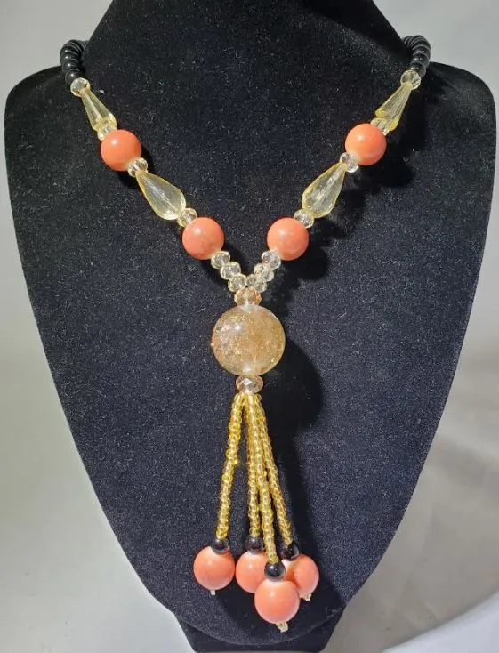 polly Necklaces N2109 Peach Crackle Bead Glass Long Necklace With Free Earrings polly Necklaces N2109 Peach Crackle Bead Glass Long Necklace With Free Earrings