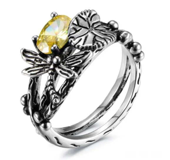 polly Rings R29 Silver Yellow Gemstone Dragonfly Ring