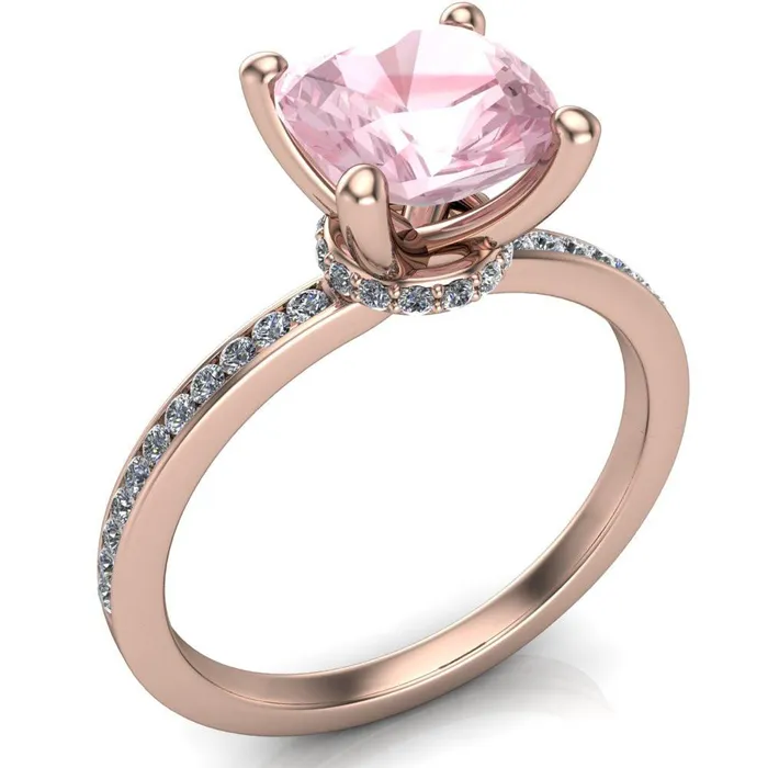Portia 7mm x 7mm AAA Natural Cushion Morganite Diamond Collar and Shoulders Design 14k Rose Gold Ring Fire Brilliance Rings Portia 7mm x 7mm AAA Natural Cushion Morganite Diamond Collar and Shoulders Design 14k Rose Gold Ring Fire Brilliance Rings