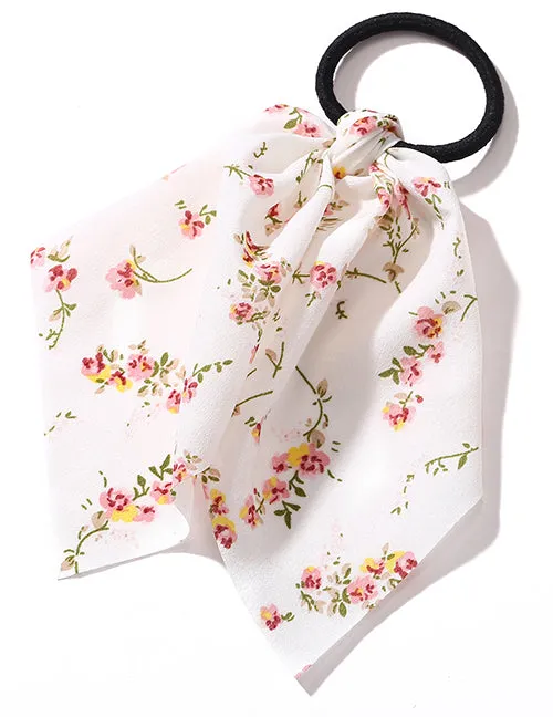 Rings 02 H348 White Pink Flowers Bow Hair Tie