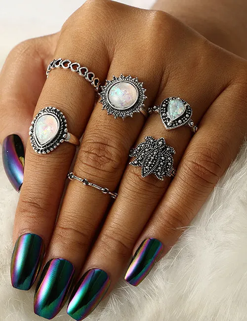 Rings 02 RS12 Silver Color Opal Gemstone 6 pc Ring Set
