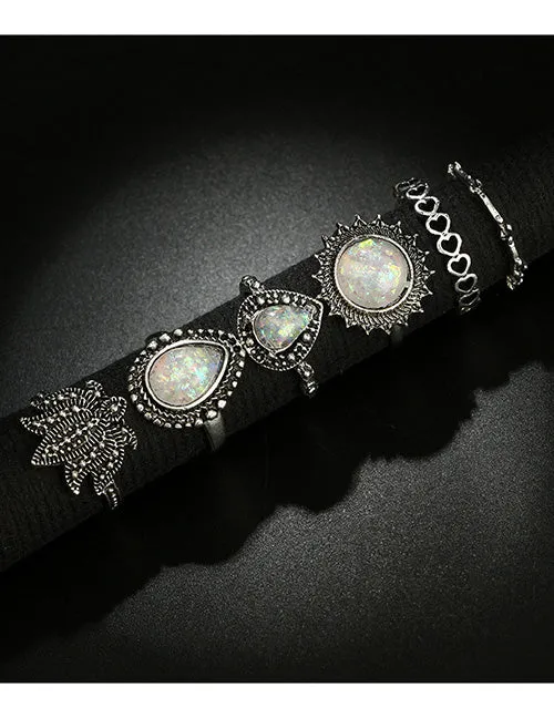 Rings 02 RS12 Silver Color Opal Gemstone 6 pc Ring Set