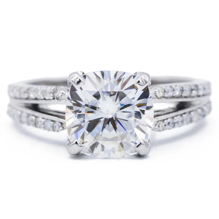 Rings Fire Brilliance 85mm Cushion Center 14k Solid White Gold with Diamond Channel Set Split Shank Rings Fire Brilliance 85mm Cushion Center 14k Solid White Gold with Diamond Channel Set Split Shank
