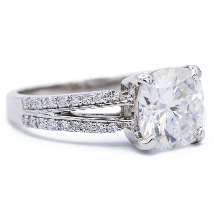 Rings Fire Brilliance 85mm Cushion Center 14k Solid White Gold with Diamond Channel Set Split Shank