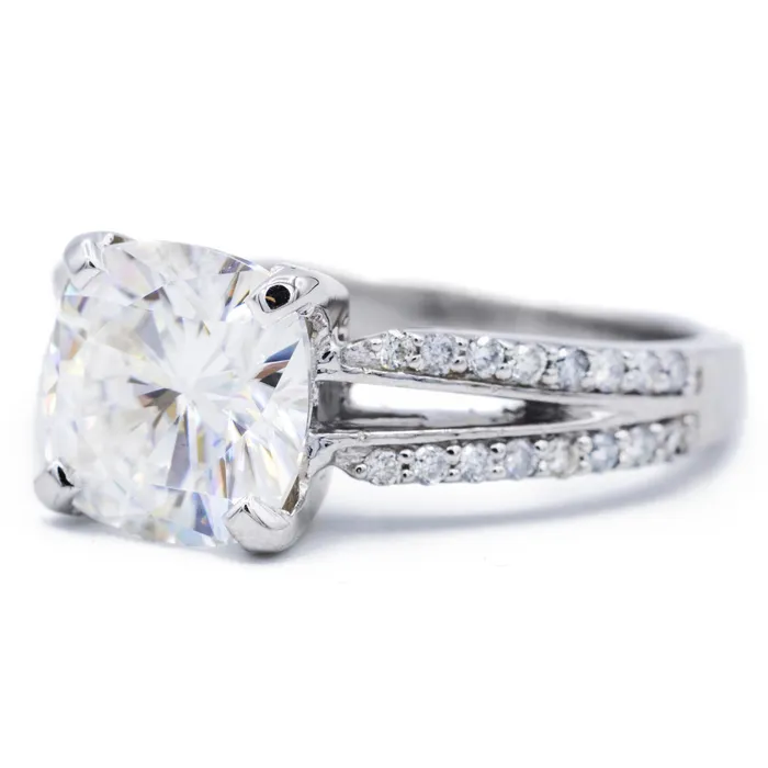 Rings Fire Brilliance 85mm Cushion Center 14k Solid White Gold with Diamond Channel Set Split Shank