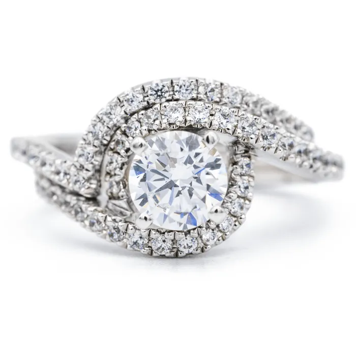 Rings Fire Brilliance 8mm Round Center 14K White Gold Diamond 4 Prong Bypass Shank Ring Rings Fire Brilliance 8mm Round Center 14K White Gold Diamond 4 Prong Bypass Shank Ring