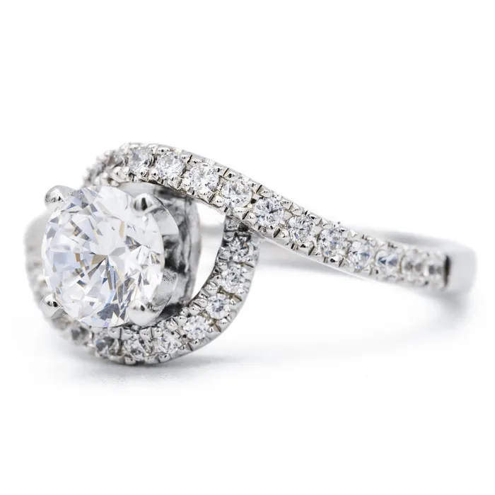 Rings Fire Brilliance 8mm Round Center 14K White Gold Diamond 4 Prong Bypass Shank Ring
