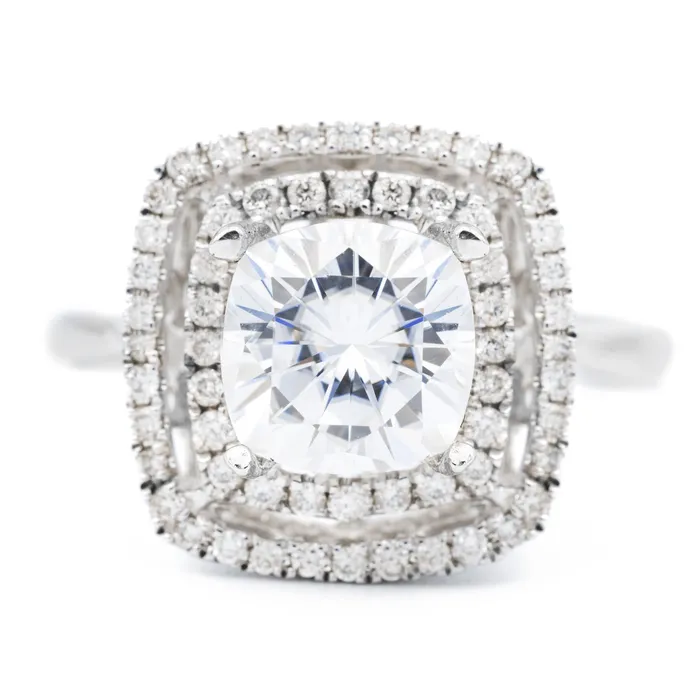Rings Fire Brilliance 90mm Cushion Center 14K White Gold Double Diamond Halo Ring Rings Fire Brilliance 90mm Cushion Center 14K White Gold Double Diamond Halo Ring