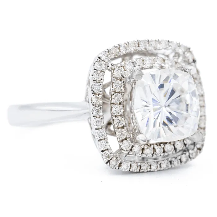 Rings Fire Brilliance 90mm Cushion Center 14K White Gold Double Diamond Halo Ring