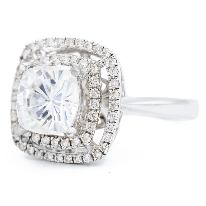 Rings Fire Brilliance 90mm Cushion Center 14K White Gold Double Diamond Halo Ring