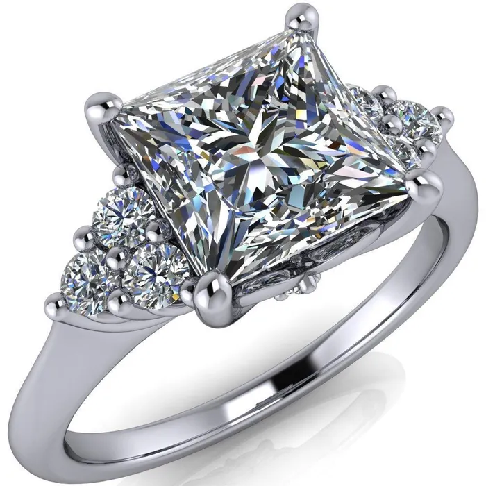 Rings Fire Brilliance Biddle PrincessSquare Moissanite Trio Side Diamonds Engagement Ring