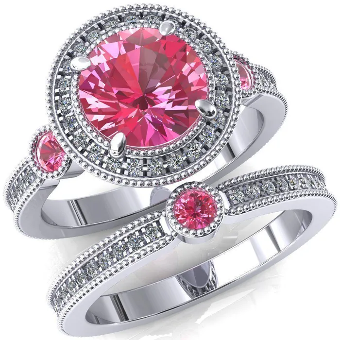 Rings Fire Brilliance Brachium Round Pink Sapphire Bezel Milgrain Halo 34 Eternity Accent Diamond Ring Rings Fire Brilliance Brachium Round Pink Sapphire Bezel Milgrain Halo 34 Eternity Accent Diamond Ring