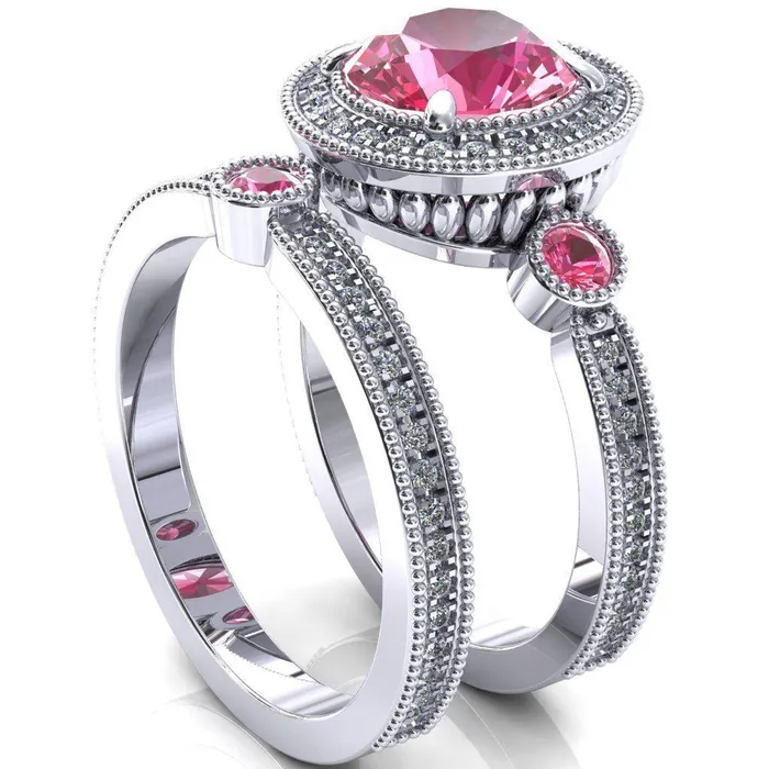 Rings Fire Brilliance Brachium Round Pink Sapphire Bezel Milgrain Halo 34 Eternity Accent Diamond Ring